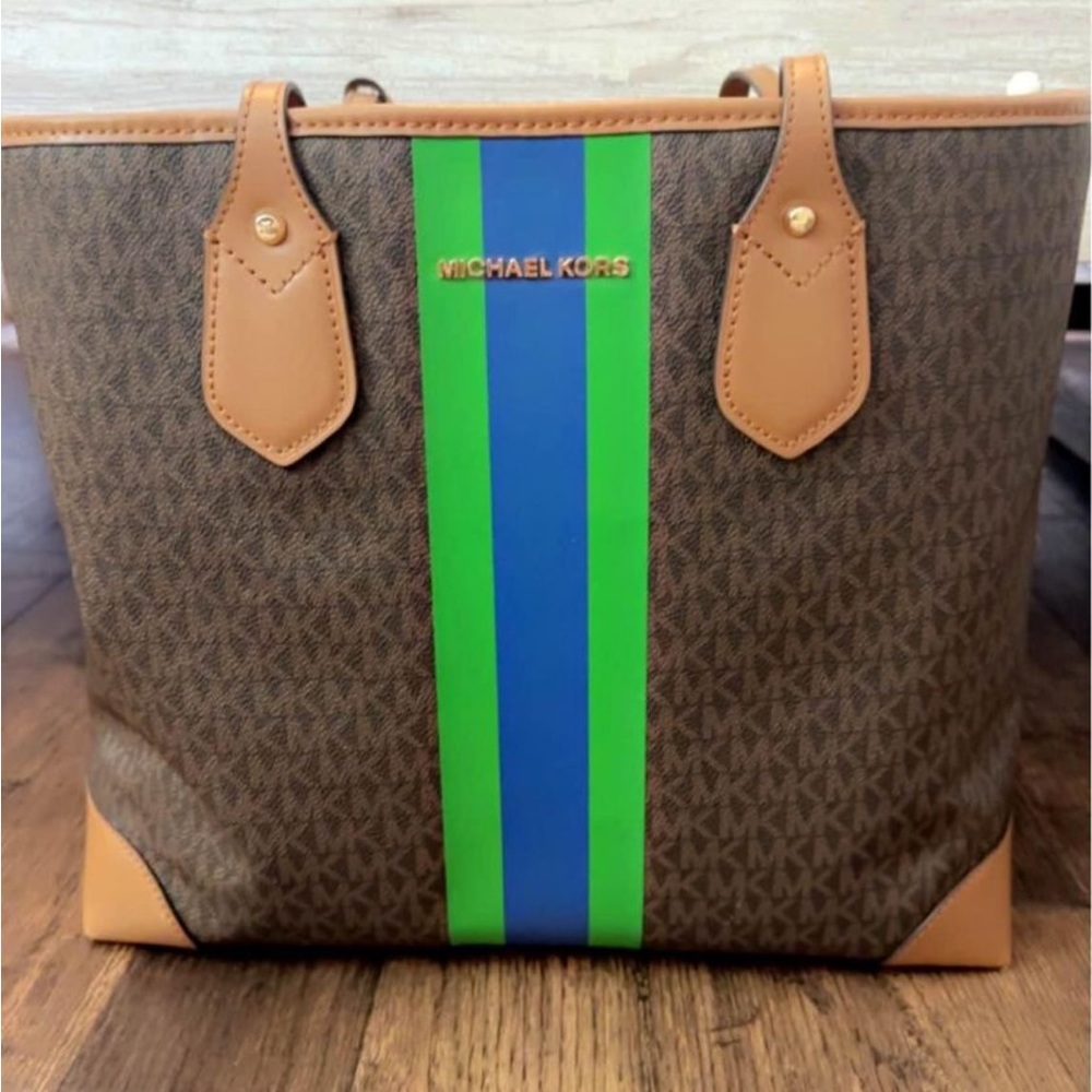 Michael Kors Signature Tote Bag Stripe Jet Set Green Purse